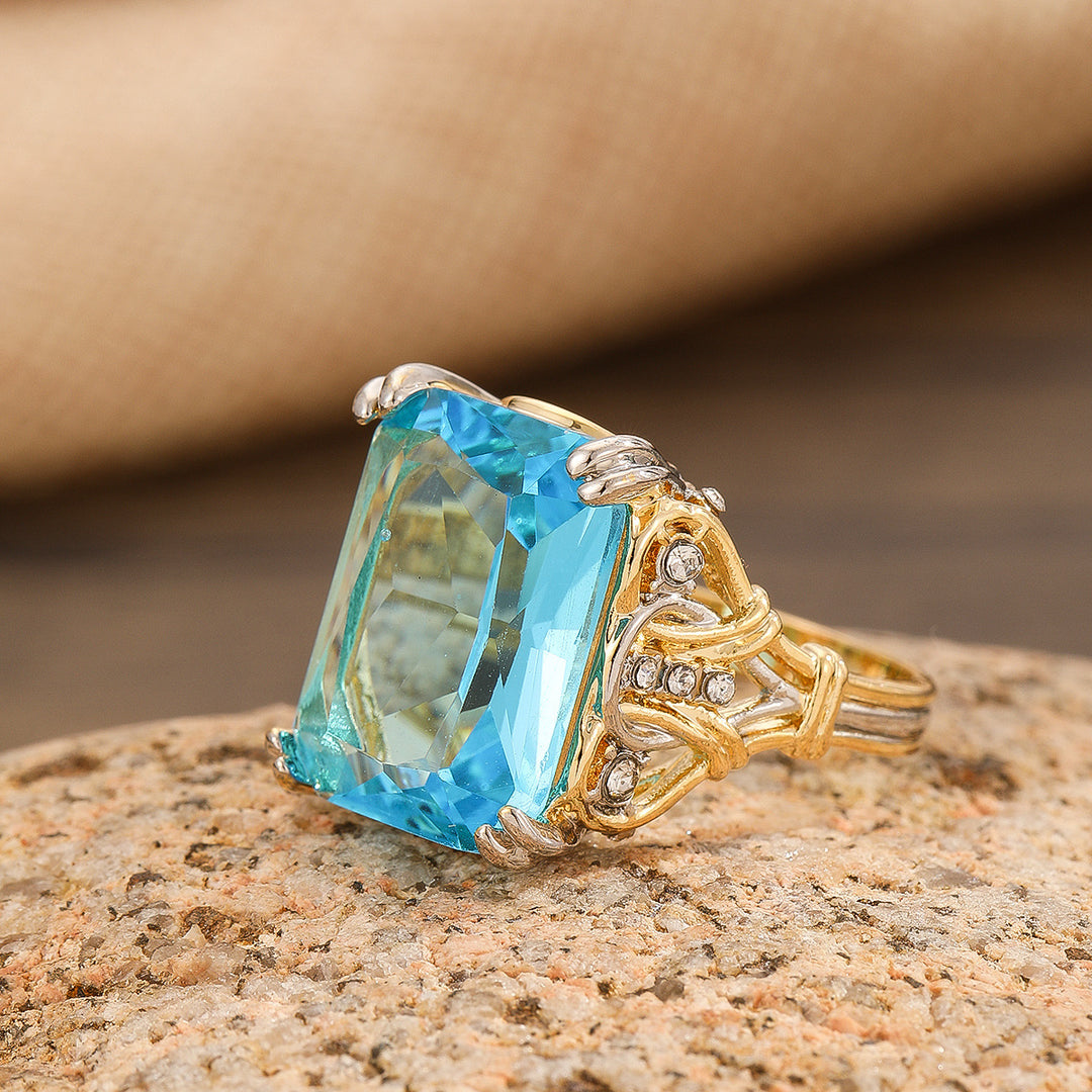 Blue Topaz Emerald Cut Cocktail Ring Women Two Tone Branch Gold Statement Jewelry Gift