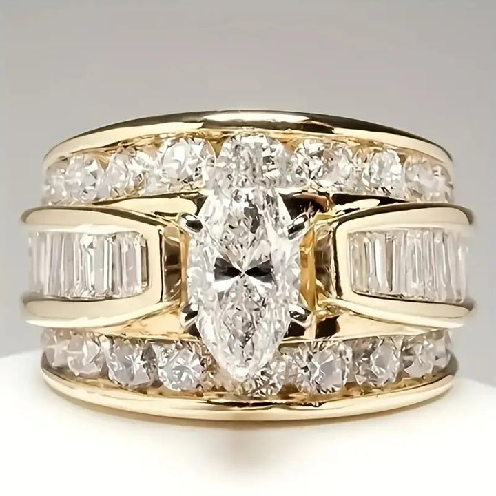 Marquise Center Stone Multi Layer Wide Band Sterling Silver Ring Baguette Diamond Unisex Ring