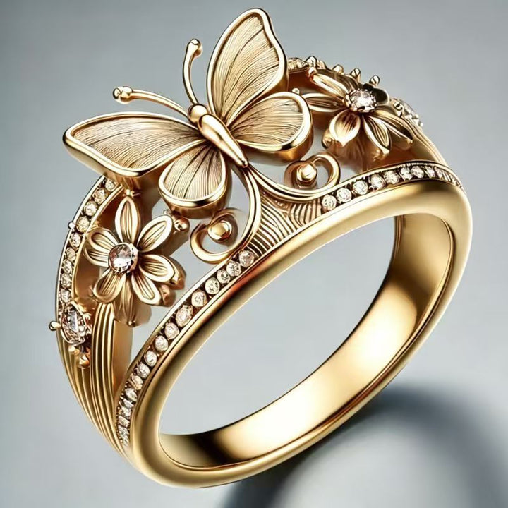 Vintage Butterfly Flower Statement Ring Elegant Inlaid Diamond Women Jewelry