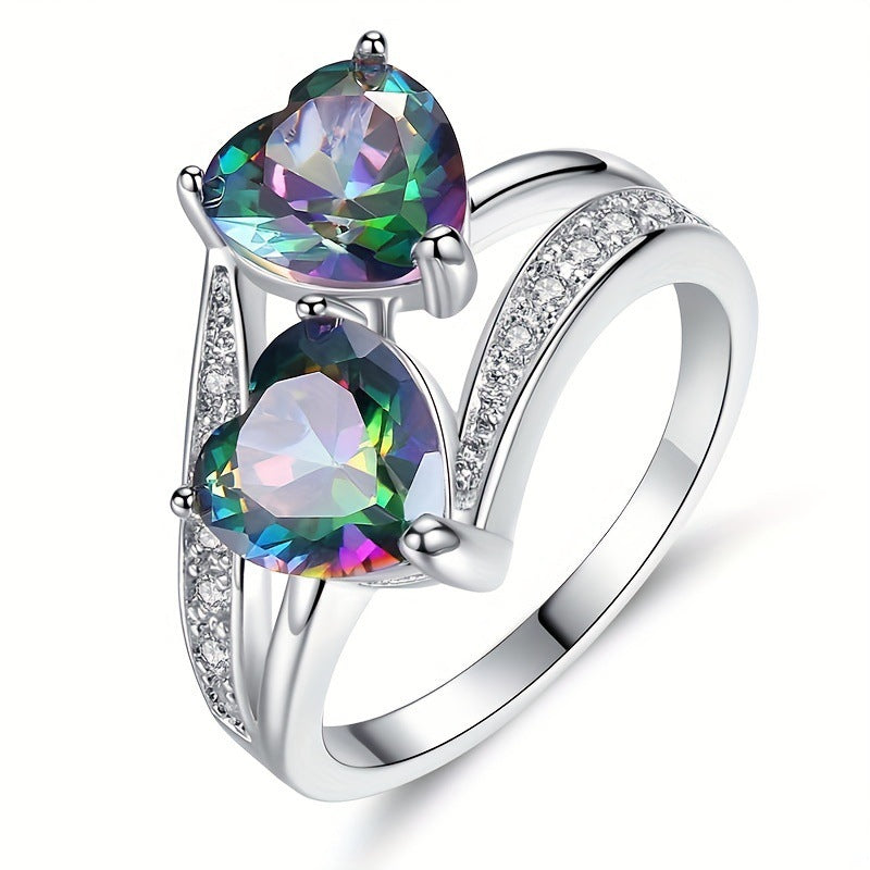 Women’s Ring With Two‑Heart‑Cut Mystic Gemstones Twisted Shank Paved Diamond Romantic Ring