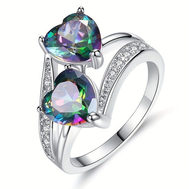 Women’s Ring With Two‑Heart‑Cut Mystic Gemstones Twisted Shank Paved Diamond Romantic Ring