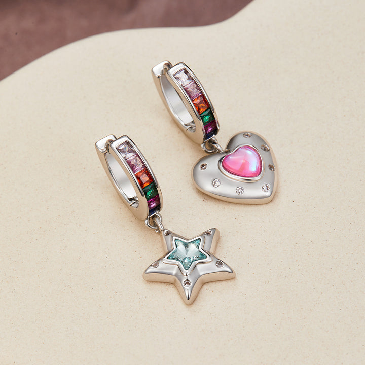 Star & Heart Asymmetrical Charm Hoop Earrings Sweet‑Cool Colorful Gem Unique Earrings