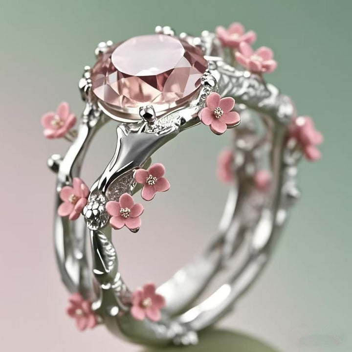 Pink Diamond Cherry Blossom Branch Ring Women Nature Inspired Vintage Flower Cocktail Ring