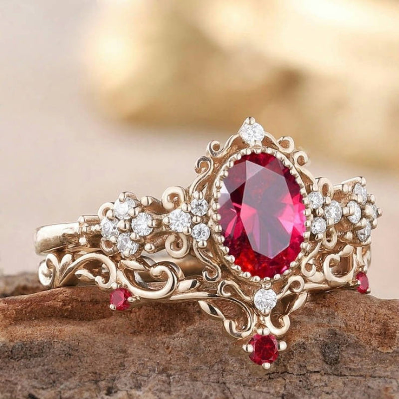 Oval Ruby Red Diamond Vintage Court Lace Ring Women Rhombus Filigree Cocktail Ring