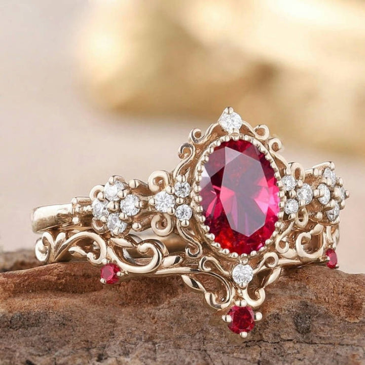 Oval Ruby Red Diamond Vintage Court Lace Ring Women Rhombus Filigree Cocktail Ring
