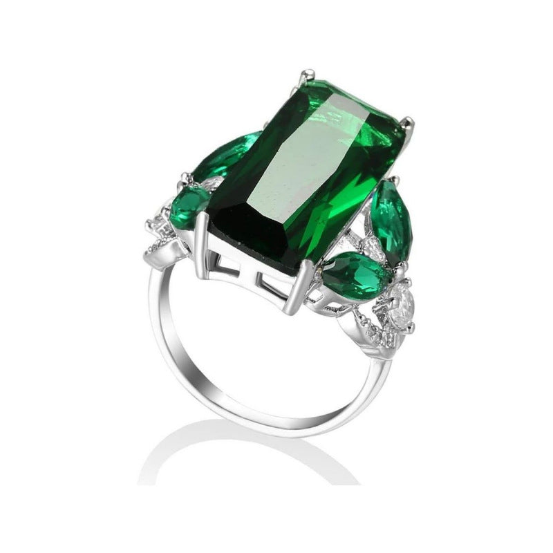 Emerald Green Rectangular Cut Statement Ring Women Big Stone Cocktail Ring with Marquise Side Diamonds