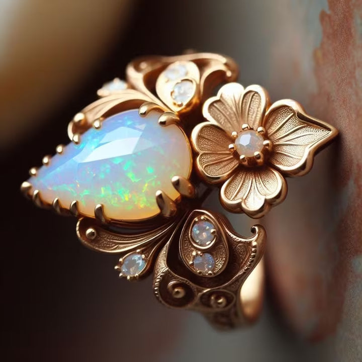 Pear Opal Vintage Floral Ring Women Art Nouveau Rose Gold Leaf Carving Cocktail Ring