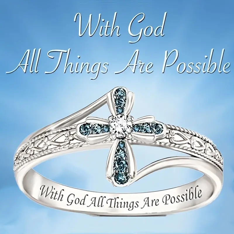 Cross Statement Ring For Women Engraved Inspirational Scripture Ring Blue Stone Diamond Religious Jewelry