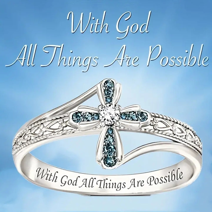 Cross Statement Ring For Women Engraved Inspirational Scripture Ring Blue Stone Diamond Religious Jewelry