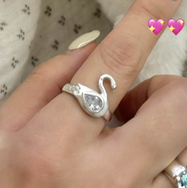 Swan Shape Adjustable Statement Ring Solid Sterling Silver Teardrop Diamond Inlaid Elegant Animal Inspired Ring
