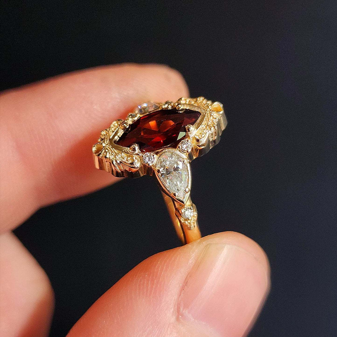 Vintage Marquise Red Gemstone Three Stone Ring Ornate Filigree Halo Diamond Accent Promise Ring Antique Gothic Bridal Statement Ring