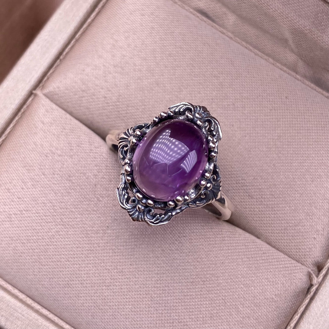 Vintage Oval Gemstone Solid Sterling Silver Adjustable Open Ring Ornate Floral Carved Statement Ring