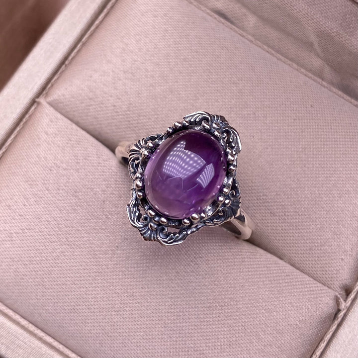 Vintage Oval Gemstone Solid Sterling Silver Adjustable Open Ring Ornate Floral Carved Statement Ring