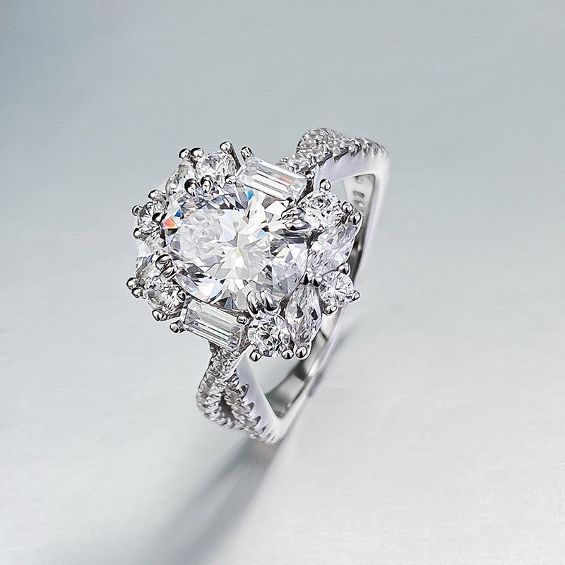 Oval Cut Center Diamond Sterling Silver Halo Ring, Twisted Split Shank Engagement Ring