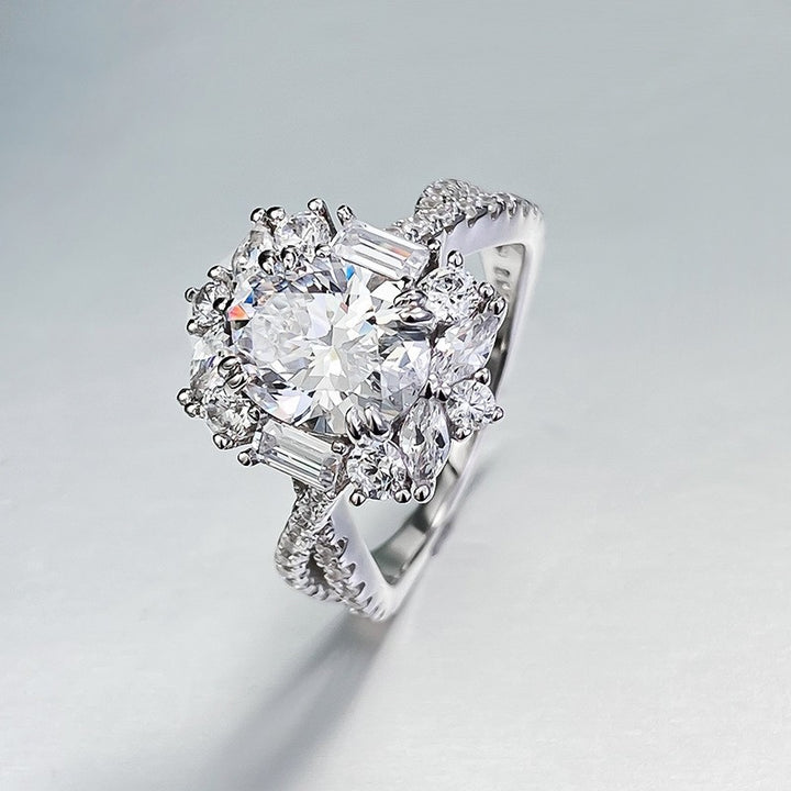 Oval Cut Center Diamond Sterling Silver Halo Ring, Twisted Split Shank Engagement Ring