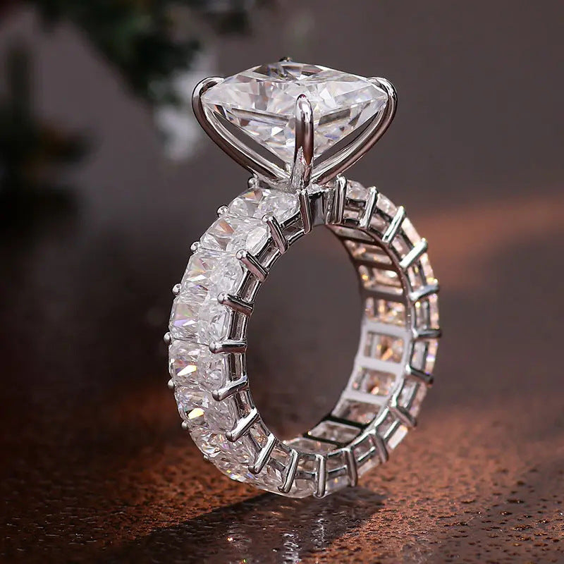 Emerald Cut Statement Diamond Ring S925 Sterling Silver Eternity Band Ring