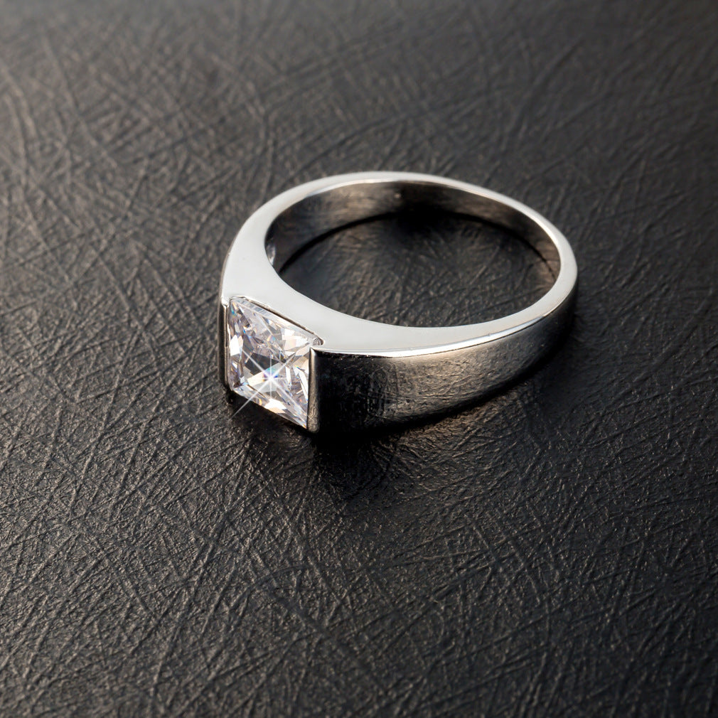 Minimal Square Center Stone Mens Smooth Wide Ring Business Diamond Band