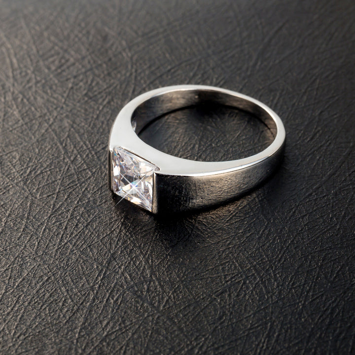 Minimal Square Center Stone Mens Smooth Wide Ring Business Diamond Band