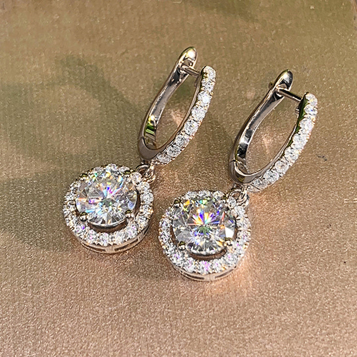 Round Halo Diamond Drop Dangle Hoop Earrings For Women Wedding Party Statement Jewelry