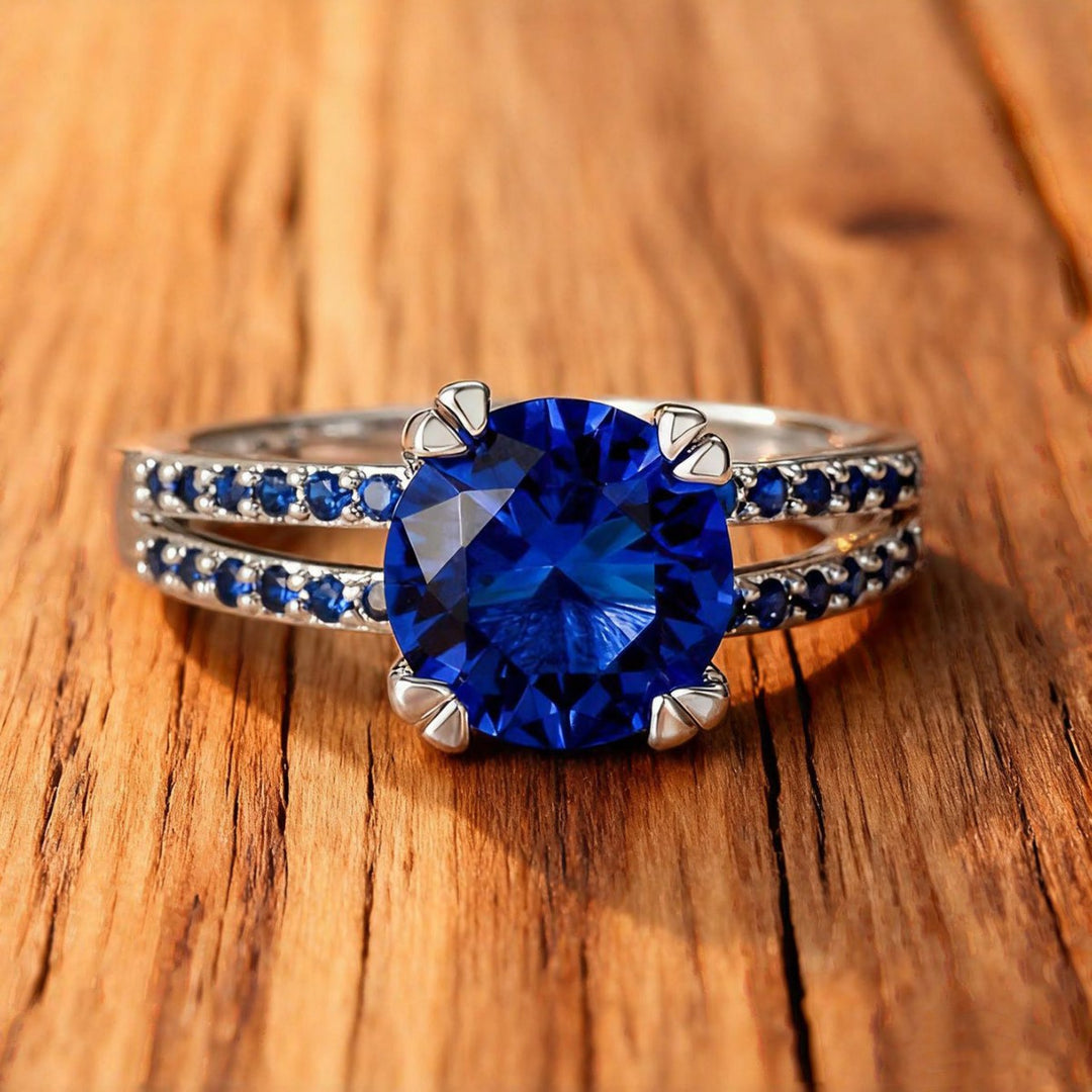 Round‑Cut Sapphire Double‑Shank Sterling Silver Ring Luxurious Elegant Women’s Band