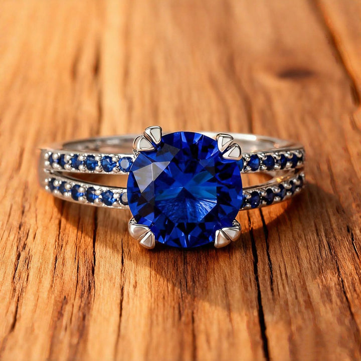 Round‑Cut Sapphire Double‑Shank Sterling Silver Ring Luxurious Elegant Women’s Band