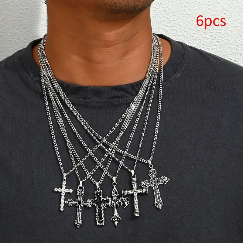 Vintage Cross Pendant Necklace Set Gothic Punk Layered Neck Chain Unisex Streetwear Statement Jewelry