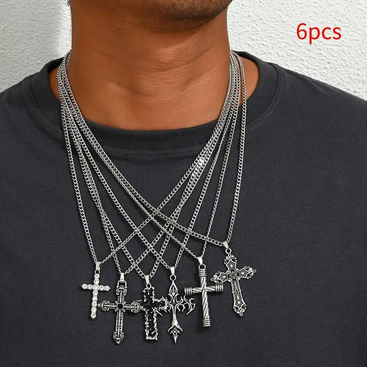 Vintage Cross Pendant Necklace Set Gothic Punk Layered Neck Chain Unisex Streetwear Statement Jewelry
