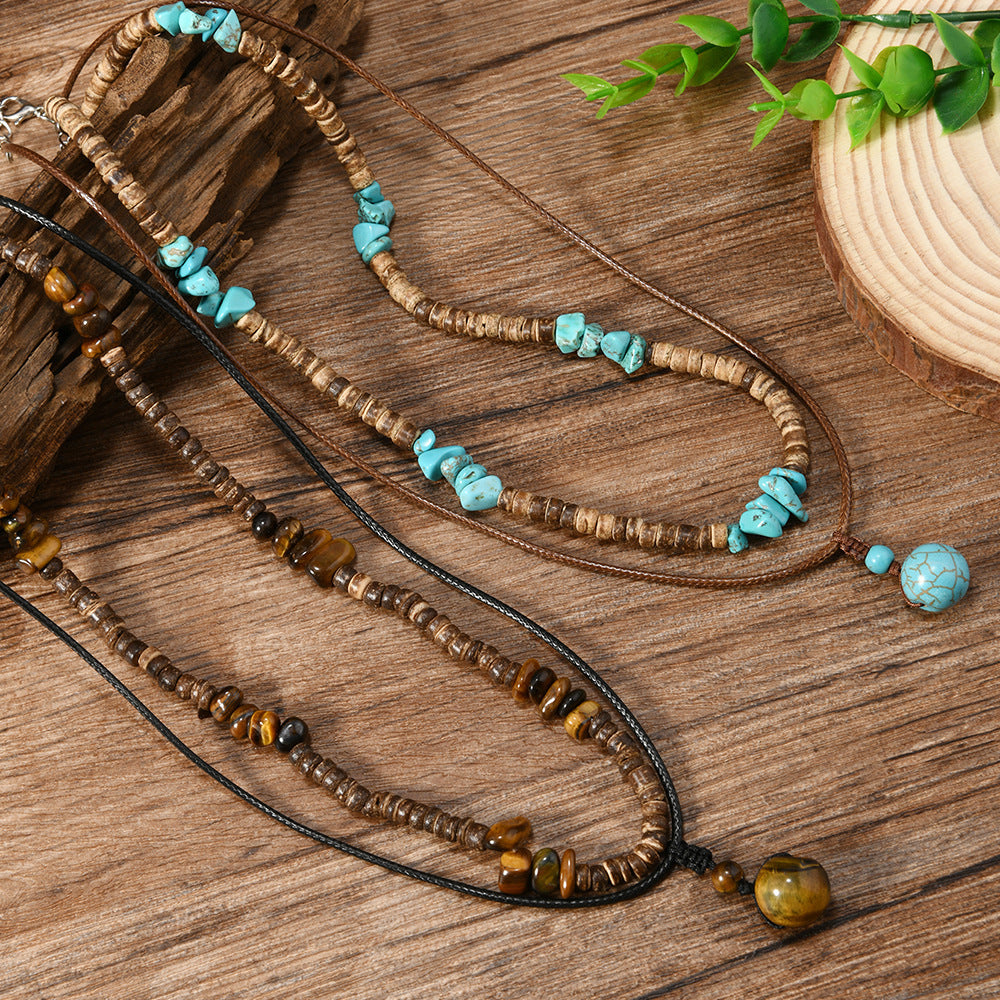 Men's Layered Beaded Necklace Natural Wood Turquoise Tiger Eye Leather Cord Pendant Necklace