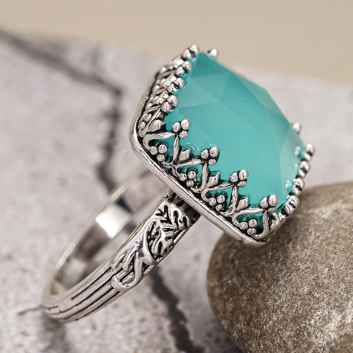 Turquoise Blue Square Vintage Ring Women Silver Filigree Statement Jewelry Gift