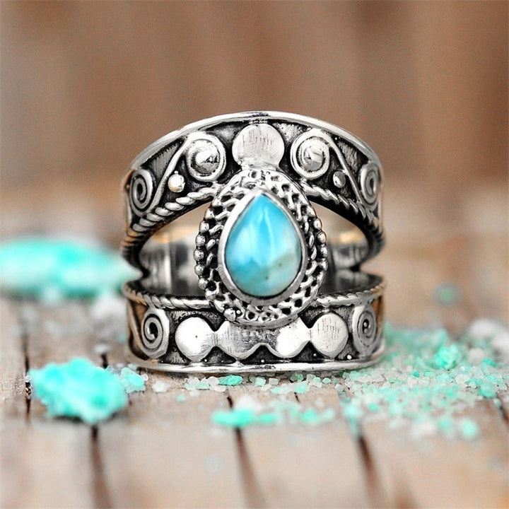 Vintage Ethnic Teardrop Turquoise Sterling Silver Ring Exotic Carved Ring
