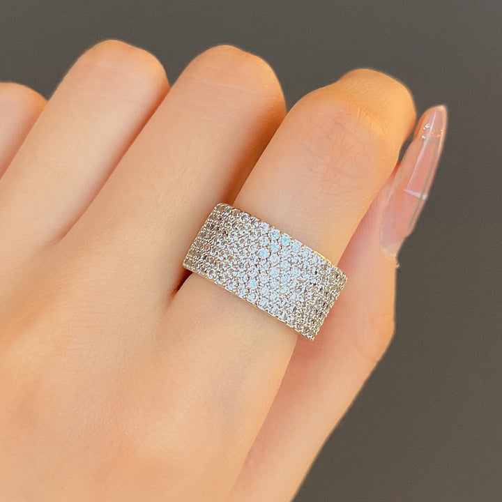 Wide Band Pave Diamond Ring Women Multi Row Micro Pave Statement Ring Silver Tone