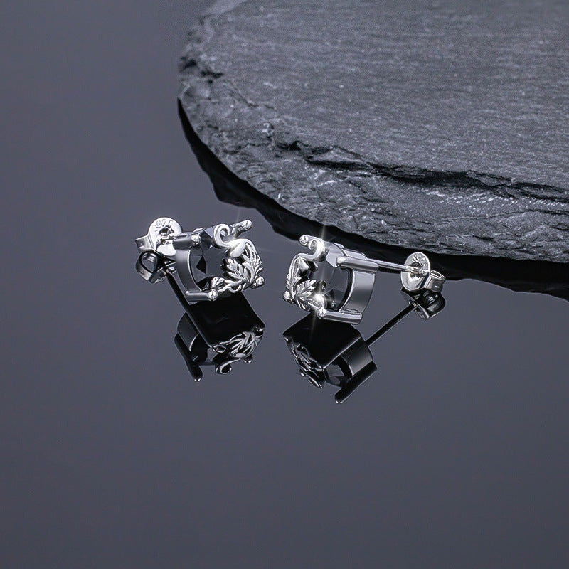 Black Obsidian Vintage Scroll Stud Earrings Women Round Stone Sterling Silver Earrings Gothic Jewelry
