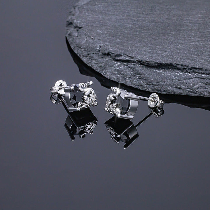 Black Obsidian Vintage Scroll Stud Earrings Women Round Stone Sterling Silver Earrings Gothic Jewelry