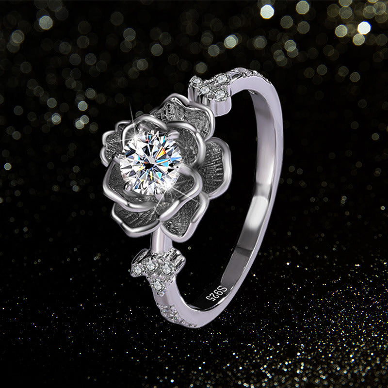 Flower Shape Diamond Ring Two Tone Pure Silver Statement Ring Elegant Floral Wedding Engagement Promise Ring For Women