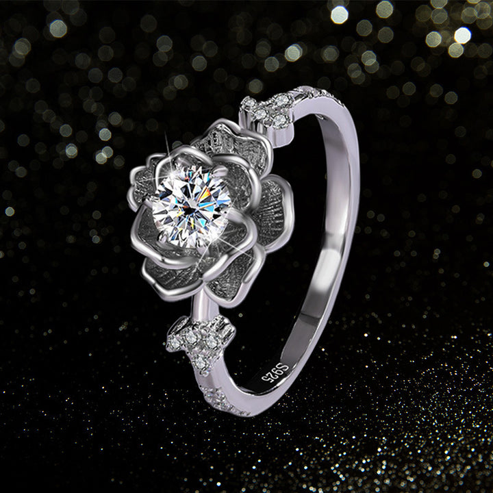 Flower Shape Diamond Ring Two Tone Pure Silver Statement Ring Elegant Floral Wedding Engagement Promise Ring For Women