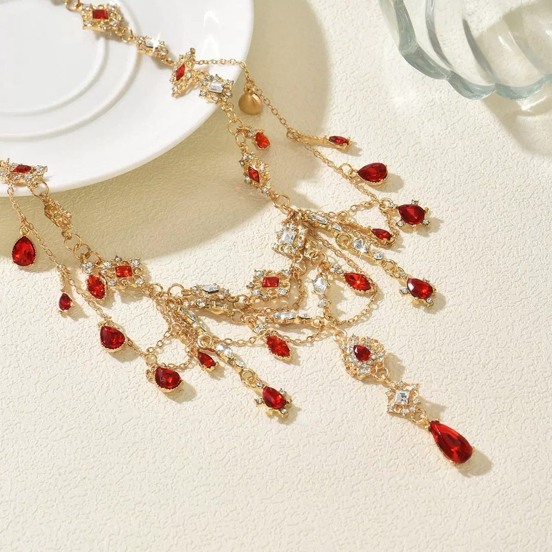 Vintage Red Gemstone Diamond Choker Necklace Women Layered Tassel Statement Necklace for Wedding Party