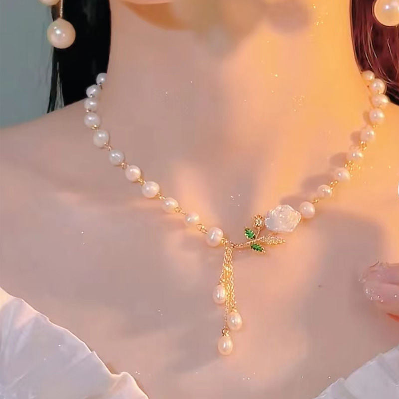 Vintage Rose Tassel Pearl Necklace Elegant Women Chain Wedding Party Statement Jewelry
