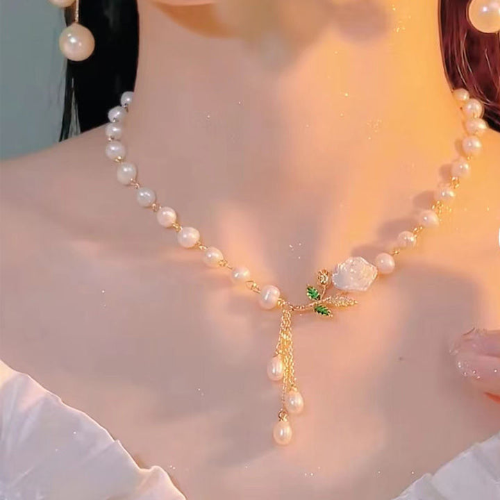 Vintage Rose Tassel Pearl Necklace Elegant Women Chain Wedding Party Statement Jewelry