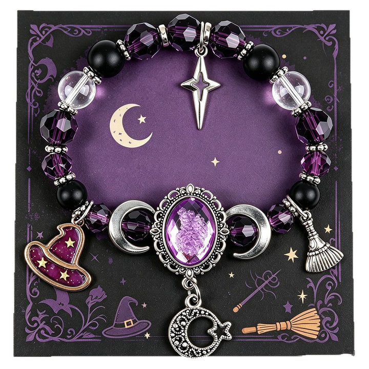 Mystic Purple Gemstone Beaded Stretch Bracelet Solid Sterling Silver Witch Hat Broom Moon Star Charms Wiccan Statement Bracelet