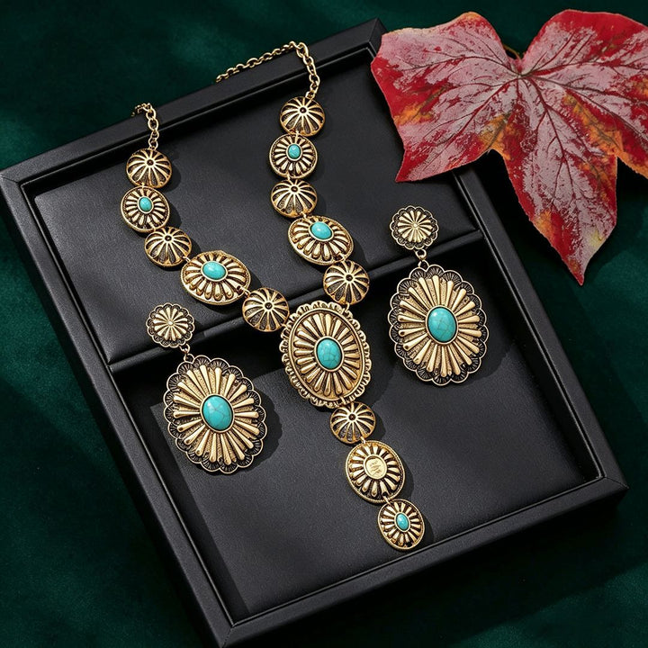 Western Vintage Turquoise Jewelry Set, Concho Pattern Y‑Drop Necklace & Dangle Earring Kit