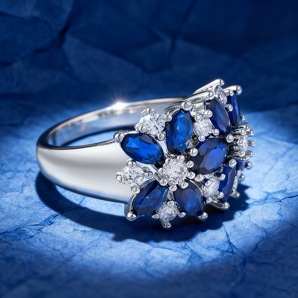 Marquise‑Cut Sapphire Cluster S925 Sterling Silver Ring, Diamond Accent Cocktail Ring