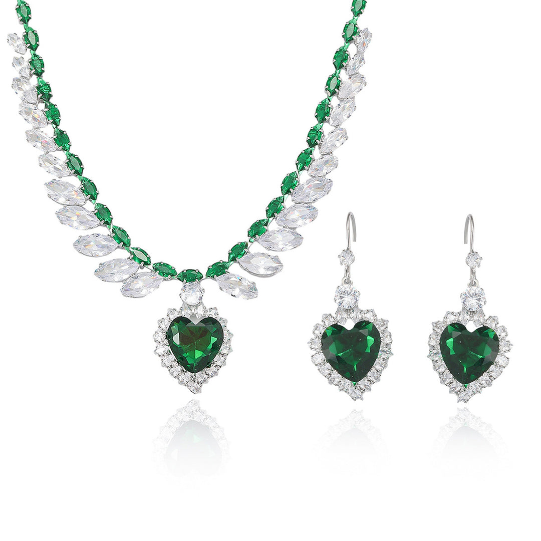 Emerald Green Heart Jewelry Set Women Necklace Earrings Diamond Silver Luxury Gift