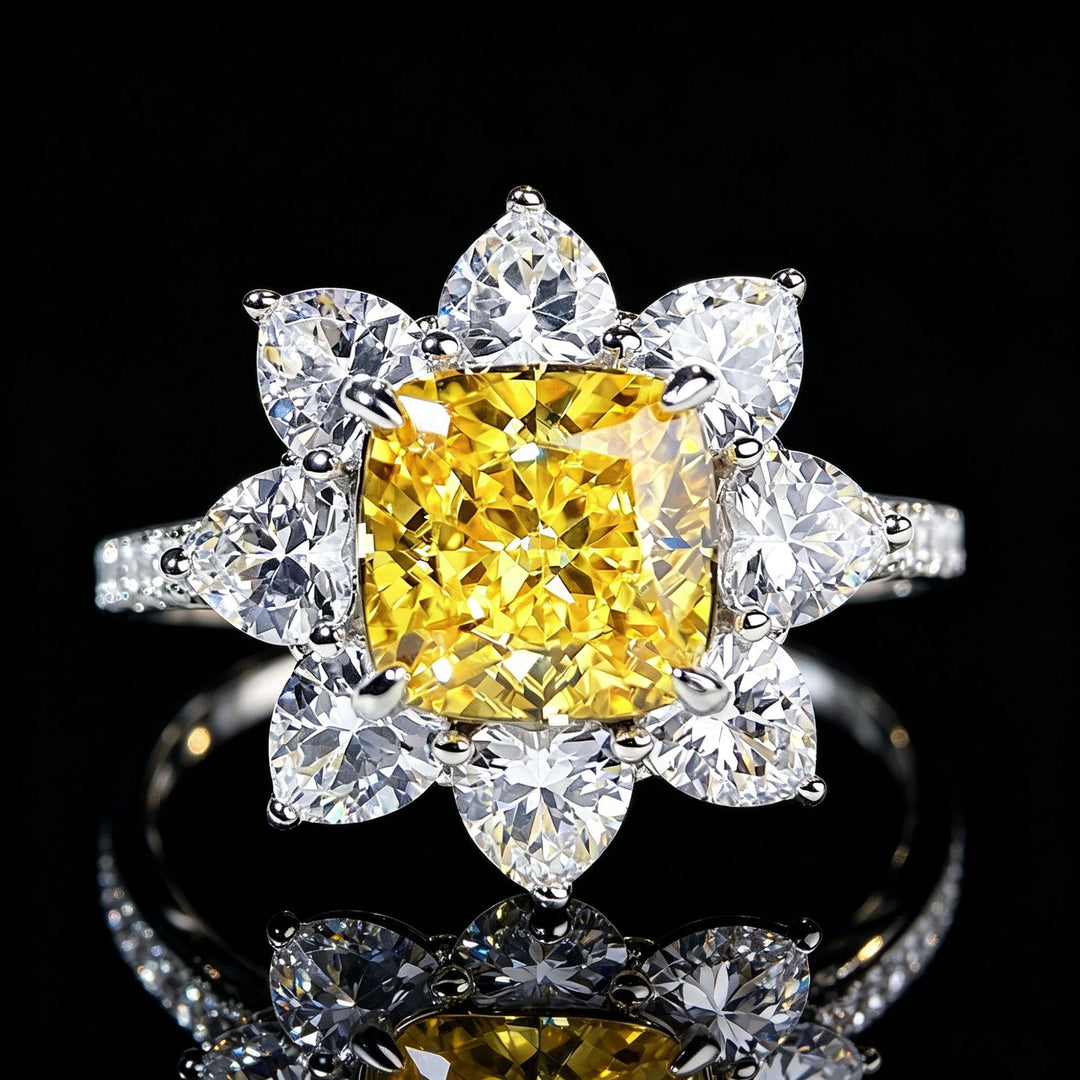 Yellow Diamond Flower Halo Ring Women Pear White Diamond Silver Vintage Jewelry Gift
