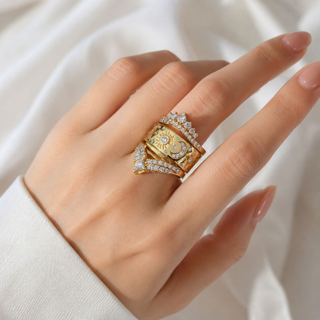 Sun Moon Celestial 3 Piece Stackable Ring Set Women V Shape Pave Diamond Chevron Midi Ring