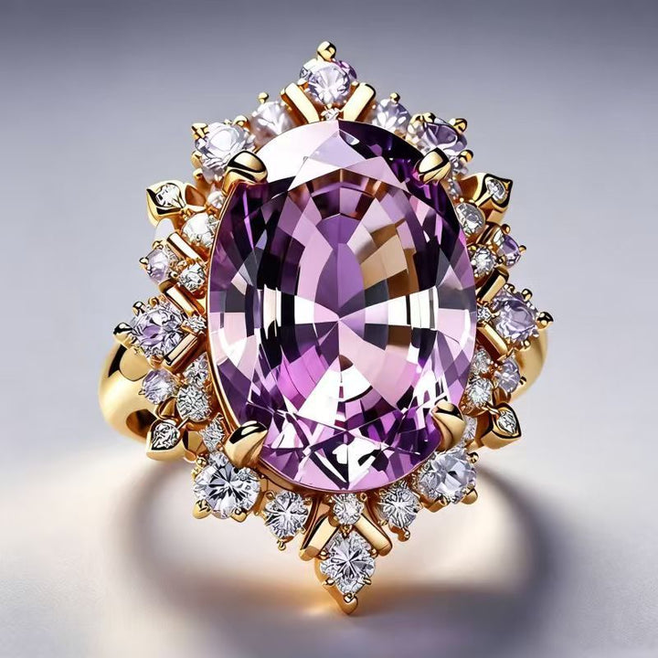 Oval Purple Gemstone Halo Statement Ring Solid Sterling Silver 18K Gold Finish Diamond Accent Vintage Luxury Cocktail Ring