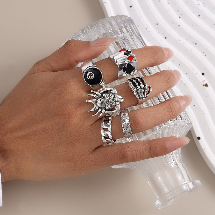 Gothic Skull Poker 8-Ball Sterling Silver Stackable Ring Set Vintage Punk Hip Hop Rings For Men Women