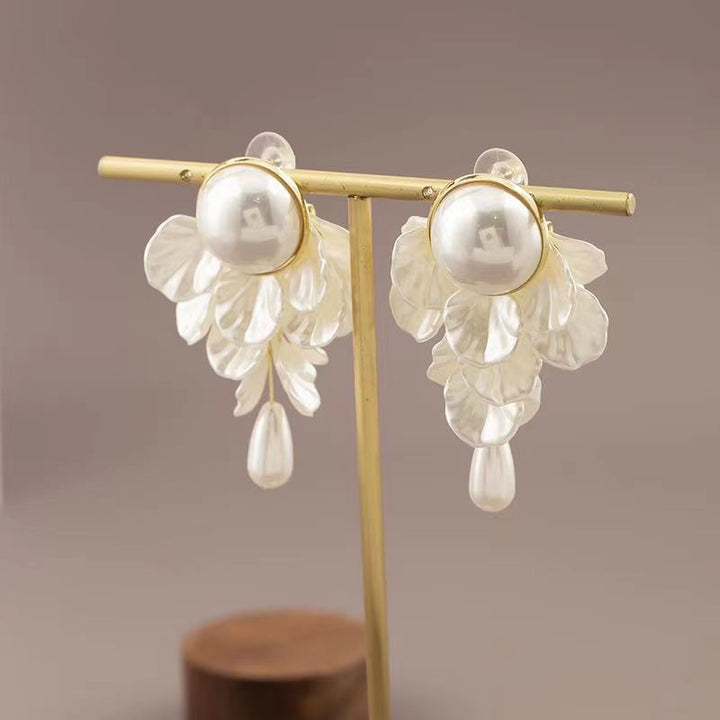 French‑Style Petal Pearl Drop Earrings Elegant Long Dangle Earrings For Women