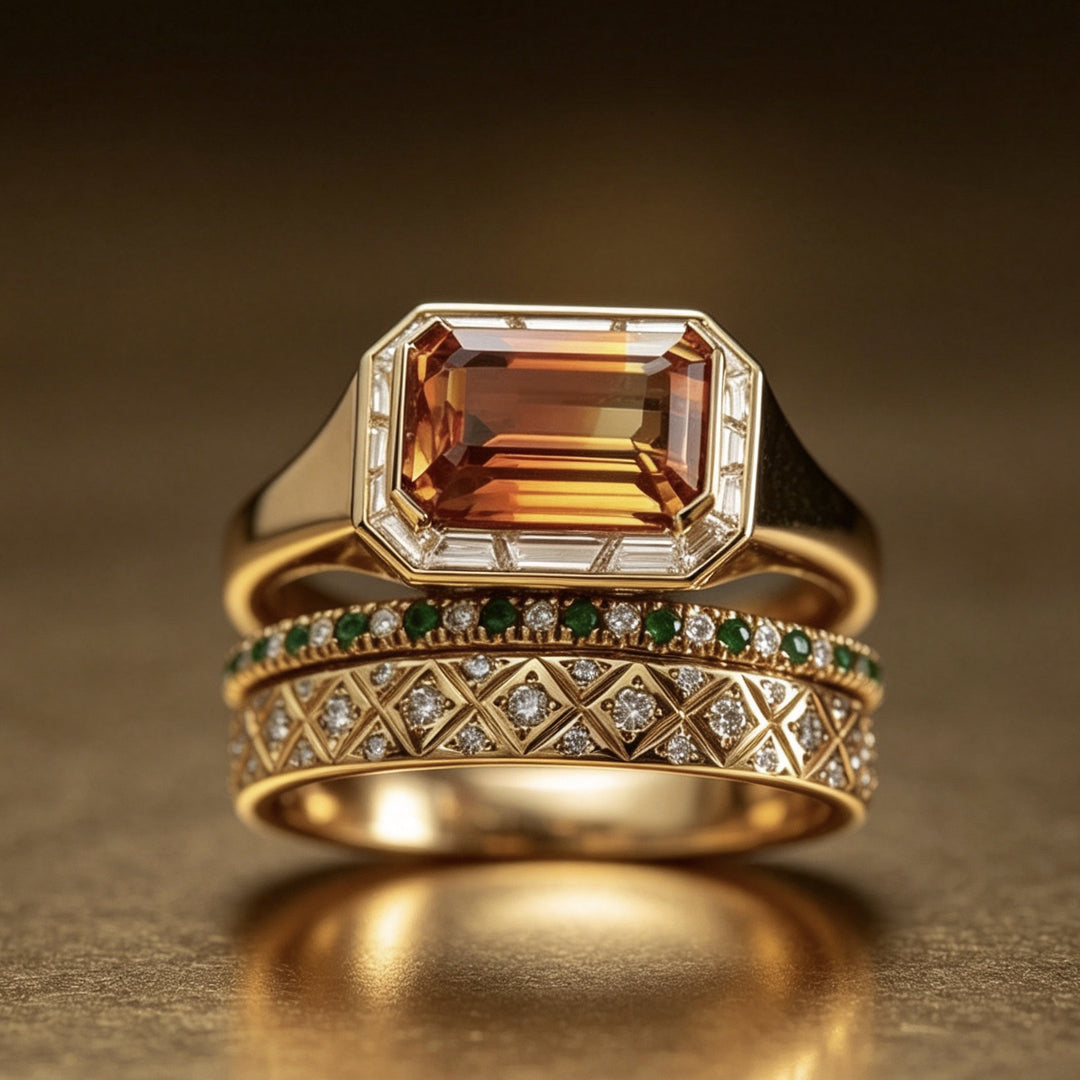 Emerald‑Cut Orange‑Yellow Center Stone Diamond & Emerald 3‑Piece Stackable Ring Set Vintage Royal Style Women’s Bands