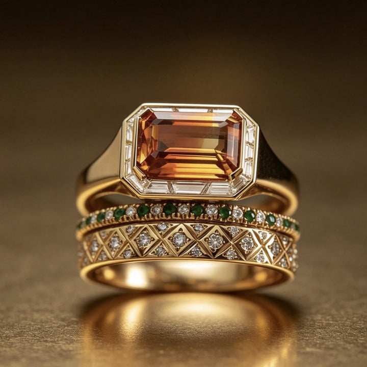 Emerald‑Cut Orange‑Yellow Center Stone Diamond & Emerald 3‑Piece Stackable Ring Set Vintage Royal Style Women’s Bands