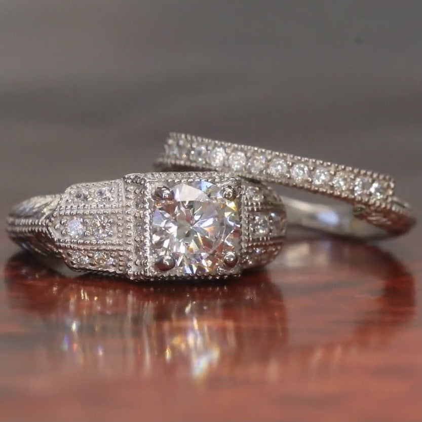 Vintage Round Diamond Bridal Ring Set Milgrain Engraved Sterling Silver Wedding Stackable Rings For Women